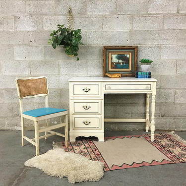 LOCAL PICKUP ONLY Vintage Bassett Desk Retro 1970's White and Gold Four Drawer Vanity with Ornate Metal Hardware and Spindle Legs 