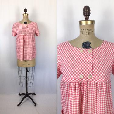 Vintage 50s blouse | Vintage pink gingham print cotton maternity shirt | 1950s check tunic top 