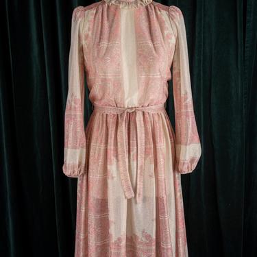 Vintage 70s Sheer Lurex Paisley Print Belted Dress with Ruffled High Collar and Rosette Detail 