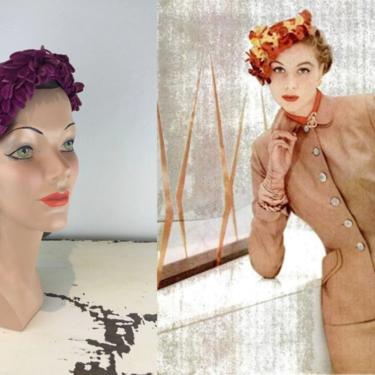 Wait...What Did Louise Just Say? - Vintage 1950s Magenta Fuchsia Pink Velvet Petal Slant Caplet Hat 