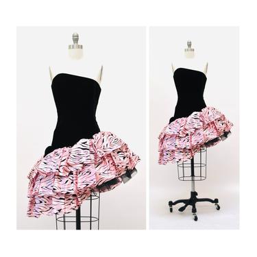 80s Vintage Strapless Prom Dress Black Pink Zebra Print Velvet Dress XXS XS// 80s Party Dress xxs xs Strapless Barbie Dress Pink Black 