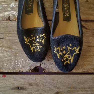 Vintage Witchy Black Velvet 90s Flat Size 6 | Slip On Shoes with Embroidered Gold Stars | 80s Tinsel Toes Ballet Flats Magic Witch Shoes 