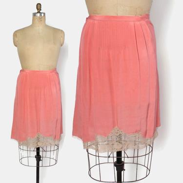 Vintage 20s Coral Slip Skirt / 1920s Silk &amp; Lace Pintuck Half Slip 