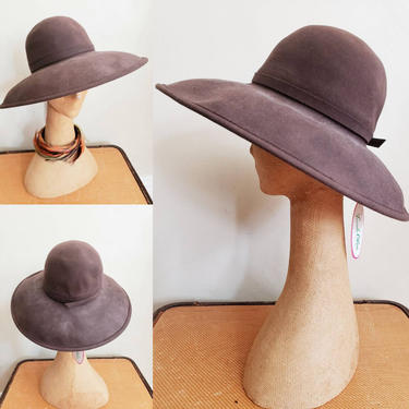 70s Brown Wool Fedora Frank Olive Marshall Field's Deadstock / 70s Designer Large Wide Brimmed Hat NOS New Old Stock / Gloria 