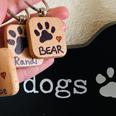 Dog Memorial Keychain Paw Print Heart Solid Wood 