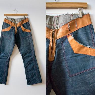 Vintage Denim and Leather Bell Bottoms / 1960s Bell Bottoms / Hippie Jeans / 1960s Jeans / Leather and Denim Jeans / Low Rise Boho Jeans 