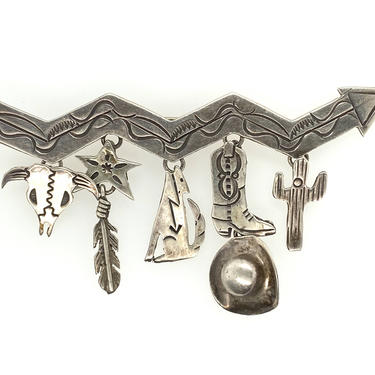 Vintage M. Robertson Southwest Dangling Charms Pin Brooch Sterling Silver 