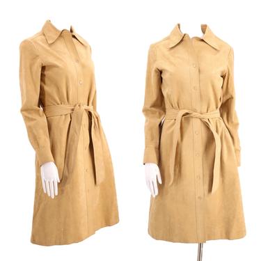 70s HALSTON ultra suede trench coat dress M / vintage 1970s camel khaki Iconic original designer tie dress 8 