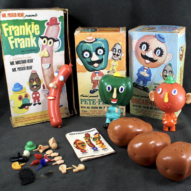 3 Sets of 1960s Hasbro Vintage Mr Potato Head Sets - Oscar the Orange, Pete the Pepper, Frankie Frank - Some Pieces Missing FREE SHIPPING 