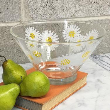 Vintage Bowl Retro 1970s Mid Century Modern + Clear Glass + Daisies + Yellow and White + Flower Vinyl Print + Kitchen Decor + Fruit Storage 