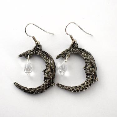 Whimsical 70's pewter & crystal mustachioed man in the moon dangles, ornate unusual crescent moon mystic hippie earrings 