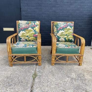 Pair of 1950s Tiki Lounge Chairs, with original Barkcloth Upholstery