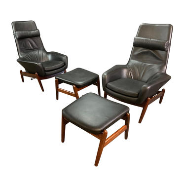 Pair of Vintage Danish Mid Century Modern Recliners-Lounge Chairs &amp; Ottomans Model Pd30 in Afromasia and Leather by Kofod Larsen 