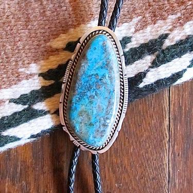 TURQUOISE ROCKS Vintage Bolo Tie | ES Large Turquoise &amp; Sterling Silver, Leather Tie Necklace | Southwestern Native American Navajo Jewelry 