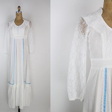70s Boho Wedding Dress / Hippie Prairie Tiered Wedding Maxi Dress / Polka Dot Wedding Dress/ Sheer Lace Sleeves / Size XS-S 
