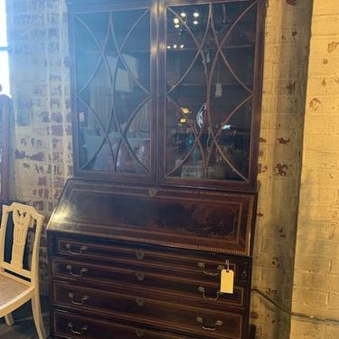 ANTIQUE GEORGE III DROP FRONT SECRETARY BOOKCASE IN MAHOGANY WITH INLAY