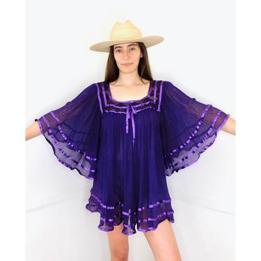 Mexican Gauze Mini Dress // vintage 70s purple tunic dress blouse purple boho hippie hippy 1970s cotton // O/S 