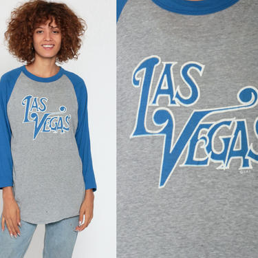 Las Vegas Shirt Retro Baseball Tshirt 80s T Shirt Raglan Tee Vintage Ringer Tee Long Sleeve Retro Grey Blue Graphic Medium 