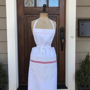French White Linen Apron, Red Stripe, Chef, Cook, Baker, French Farmhouse Cuisine, Front Pocket, Embroidered Monogram 