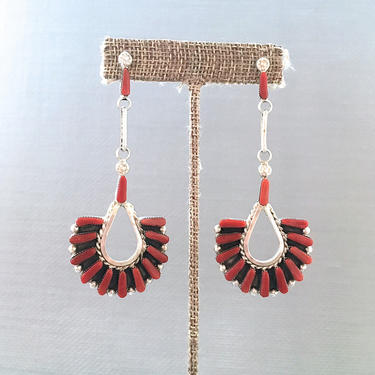 CORAL LINE Zuni Chandelier Earrings | C Hattie Large Statement Needlepoint Silver Dangle | Native American Jewelry, Southwest, Folk, Boho 