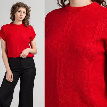 Vintage Red Cable Knit Top - Small to Medium | 80s Plain Cap Sleeve Knit Sweater 