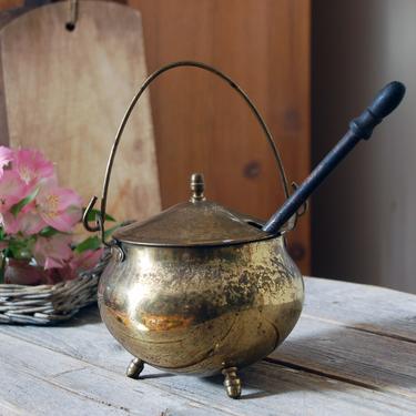 Vintage smudge pot / brass fire starter with pumice wand / vintage hanging caldron / fire place fire lighter / rustic decor / cabin decor 