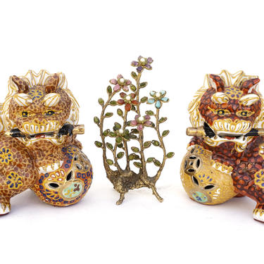 Vintage Japanese Satsuma Porcelain Foo Dogs | 6&amp;quot; Vibrant Gold Gilt Chinoiserie Protection Figurines | Shishi Lions 