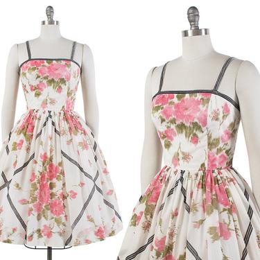 Vintage 1950s Dress | 50s Floral Sundress Pink White Full Skirt Day Dress (small) 