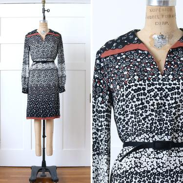 vintage 1970s rayon dress • puff sleeve 40s style black & white floral print dress 