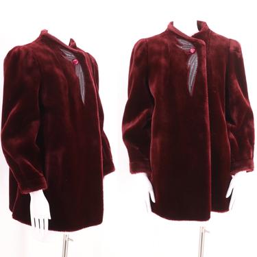 70s SASSON bordeaux plush faux fur coat M  / vintage 1970s appliquéd ultra soft disco era jacket med 
