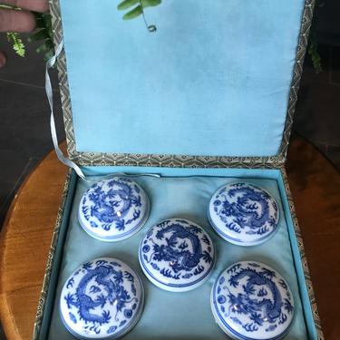 Vintage Chinese Ink Seal Paste Set of Five Porcelain Pot with Blue Dragons 