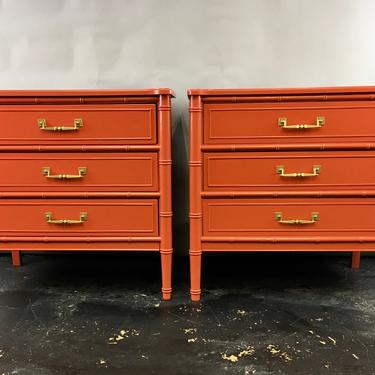 Pair of vintage faux bamboo Bali Hai three drawer chests by Henry Link 
