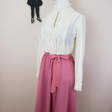 Vintage 1970's Mauve and Cream Lace Dress / 70s Poly Day Dress S 