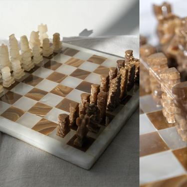 Vintage Brown And White Marble Hand Carved Chess Set | Stone, Petrified Wood, Rustic, Bohemian, Wedding, Home Decor | Earthtone Marble Chess 
