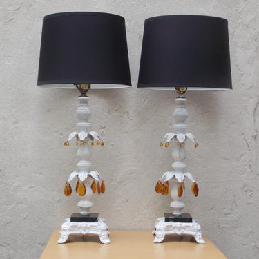 Pair Black &amp; White Hollywood Regency Table Lamps, Amber Drop Crystals, Reinvented 