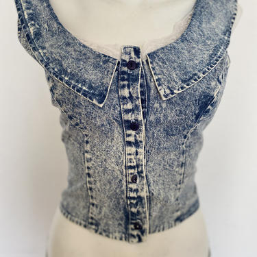 1980's Vintage Acid Wash Top, stone washed denim crop top, jean cropped top, 90's grunge tube top with peter pan collar, size small 