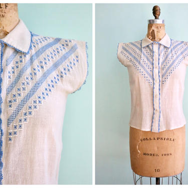 Vintage 1950's Light Blue Embroidered Gauze Blouse | Size Extra Small/ Small 