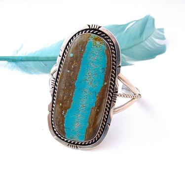 ROYSTON TURQUOISE &amp; Silver Navajo Cuff | ES Hallmark Large 80g Statement Sterling Bracelet, Native American Indian Southwestern Boho Jewelry 