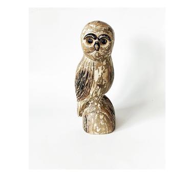 Vintage Folk Art Carved Wood Owl Sculpture 