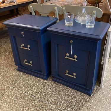 Two lovely and interesting blue painted nightstands. 20.5” x 15.5” x 28.5”