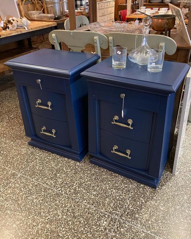 Two lovely and interesting blue painted nightstands. 20.5” x 15.5” x 28.5”