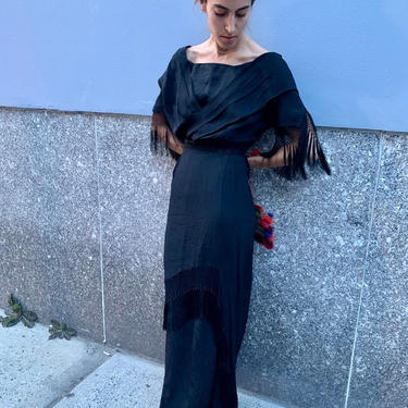 1930’s Black Silk Dress with Fringe Trim