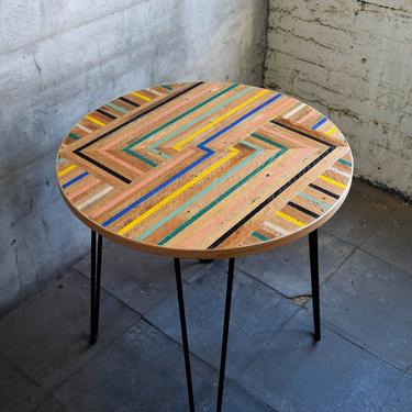 Round Reclaimed Lath Side Table with Black Hairpin Legs 