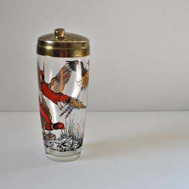 Vintage Glass Cocktail Shaker with Pheasant Graphics, Retro Barware 