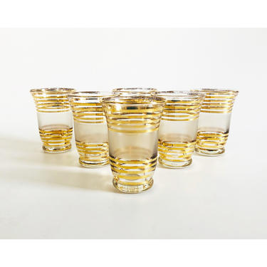 Mid Century Gold Striped Cocktail Glasses / Set of 6 