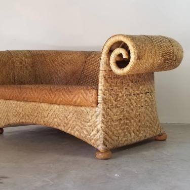 Vintage Sculptural Rolled Arms Woven Rattan and Leather Sofa 
