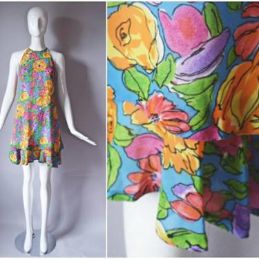 vtg 90s Jack Mulqueen blue and colorful rainbow floral print halter style chiffon ruffle dress | size 6 sleeveless summer party 1990s 80s 