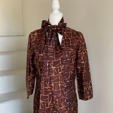 MCM 1960s Rayon Acetate Dress Mod Print Pussy Bow Fall 40 Bust Vintage 