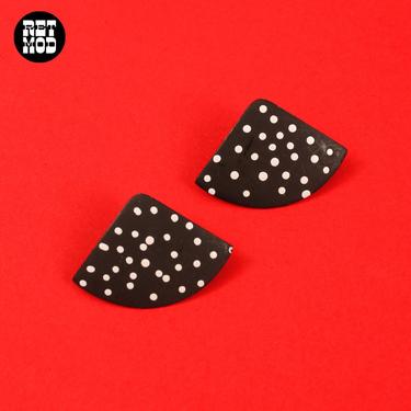 Cute Vintage 80s Black & White Polka Dot Matte Metal Triangle Earrings 
