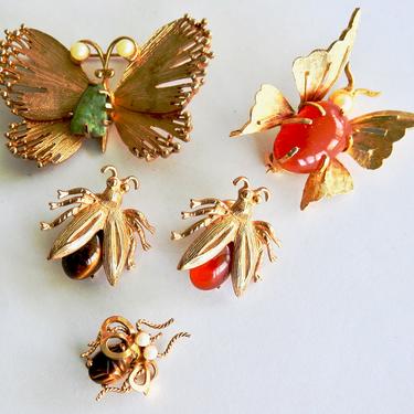 Five Vintage Bug  Brooches with Stone Bodies 